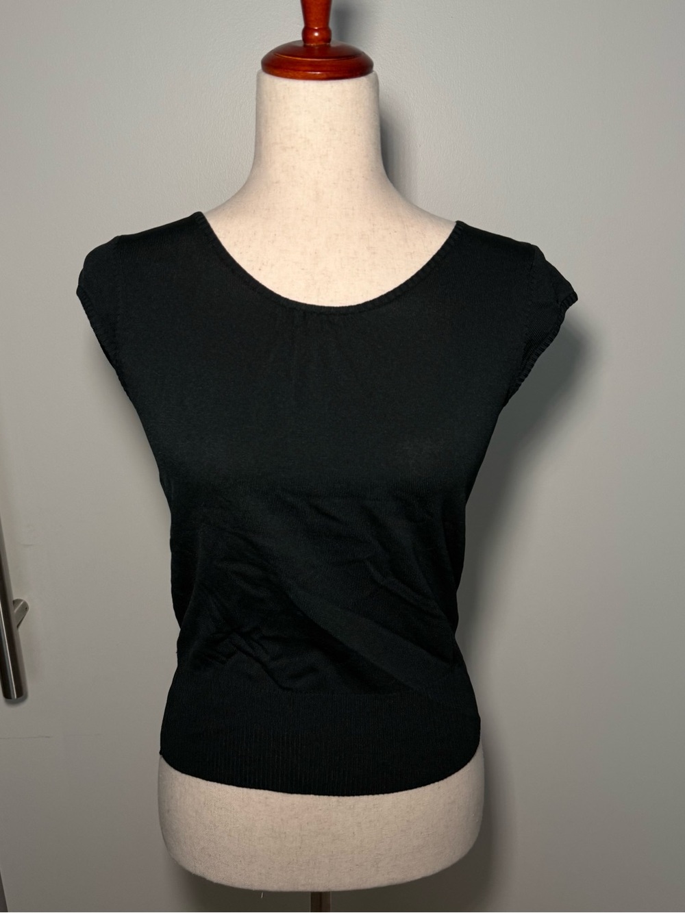 Snoop Neck Classic Black Cap-Sleeve Women's Top with Crochet Back